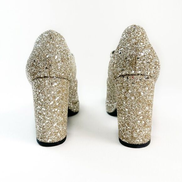 CHANEL 2023 Light Gold Glitter Black Mary Jane Heels 36 Cap Toe CC Logo Platform - Picture 13 of 16